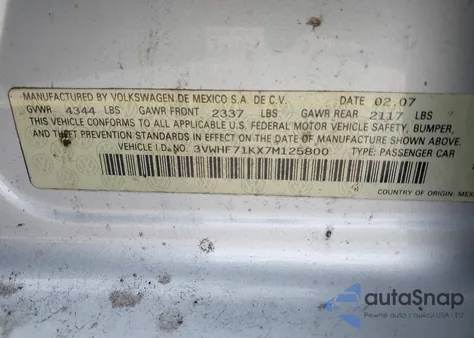 2007 Volkswagen Jetta 2.5 из США, поврежденный, VIN 3VWHF71KX7M125800